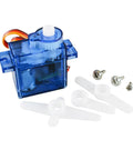 Blue 9g servo with three white horns and screws from Servo Motor Tester Kit With 9G 180 Degree Servo RC Servo Tester Controller 4 AA Battery Holder And 3 Servo Horns For Easy Centering And Testing Of Your Hobby RC Projects.