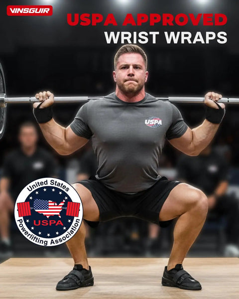 Man using 21 Inch Wrist Wraps for Weightlifting with Thumb Loop, Heavy Duty Wrist Support Straps for Gym, USPA Approved, in squat position