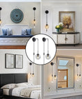 Set Of Two Black Plug In Wall Sconces With Globe Clear Glass Shade For Bedroom And Bedside, shown in various room settings.