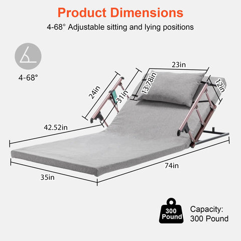 Product dimensions of Heavy Duty Electric Lifting Backrest Recliner With 300 Lb Capacity, adjustable from 4 to 68 degrees.