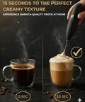 Versatile Handheld Milk Frother With Stand For Lattes Cappuccinos And Hot Chocolate Quick Foaming Wand in use frothing beverage