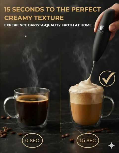 Versatile Handheld Milk Frother With Stand For Lattes Cappuccinos And Hot Chocolate Quick Foaming Wand in use frothing beverage