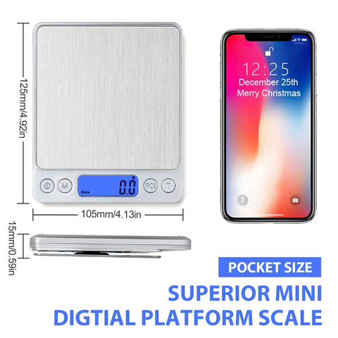 Rechargeable Kitchen Scale With Trays, Ultra Precise 3000g/0.1g Digital Food Scale with smartphone for size comparison