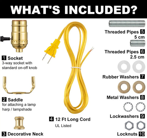 DIY Lamp Rewire Kit With 12 Ft Cord, 3-Way Brass Socket, parts laid out with threaded pipes, washers, and hex nuts.