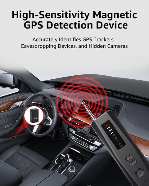 Hidden Camera Detector Pro With Advanced Anti Spy Tech RF Signal And GPS Tracker Finder used in a car interior
