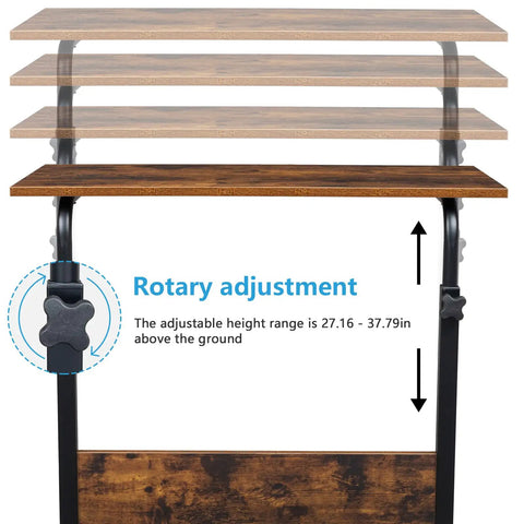 Mobile Side Table On Wheels Height Adjustable Laptop Cart showing height adjustment range in rustic brown finish