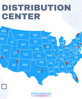 Map of distribution centers across the United States, highlighting locations with red pins, labeled 'DISTRIBUTION CENTER'.