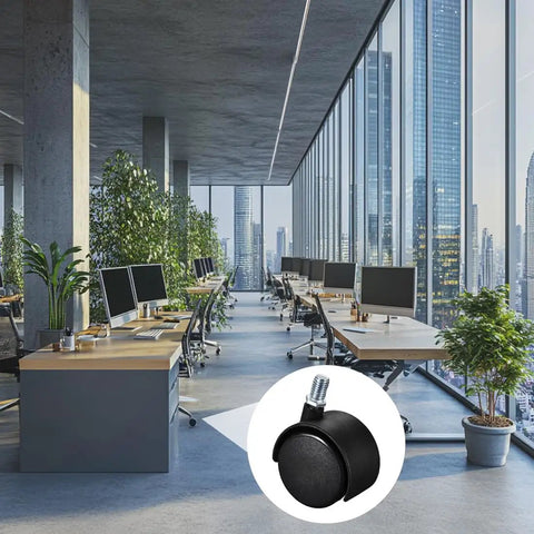 Five Pack Built Tough Nylon Caster Wheels With Swivel Like A Dream Rollers for office furniture, featuring black design and threaded stem.