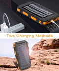 Rugged 38800mAh Solar Power Bank With Type C Output Waterproof Outdoor Backup Charger for All Phones on rock and charging