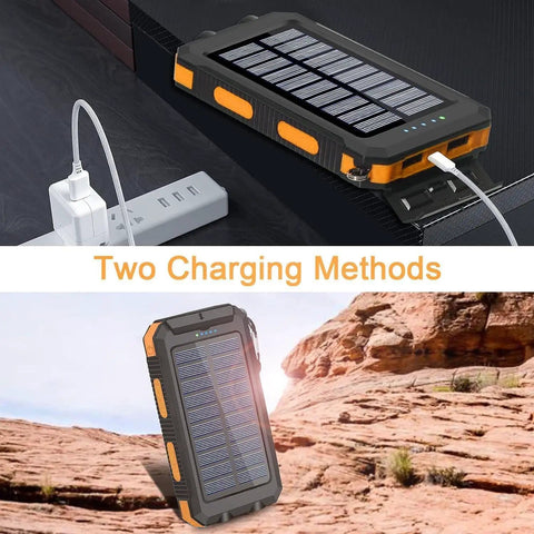 Rugged 38800mAh Solar Power Bank With Type C Output Waterproof Outdoor Backup Charger for All Phones on rock and charging