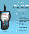 Bluetooth OBD2 Scanner Diagnostic Tool for Cars and Trucks Code Reader displayed with features highlighted on screen