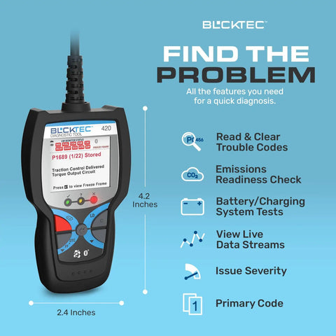 Bluetooth OBD2 Scanner Diagnostic Tool for Cars and Trucks Code Reader displayed with features highlighted on screen
