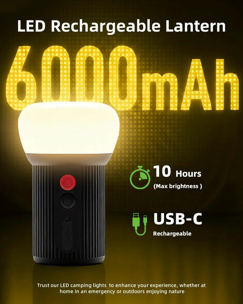 Rechargeable LED Camping Lantern With 6000mAh Battery Emergency Outdoor Tent Light For Power Outages, USB-C Charge