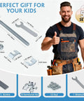 DIY Friendly Countertop Miter Bolt Kit 5 Pack M8x100mm Draw Bolt Connector displayed with screws and man in overalls.