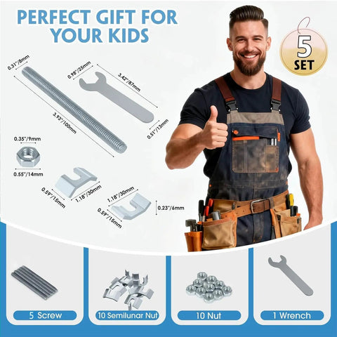 DIY Friendly Countertop Miter Bolt Kit 5 Pack M8x100mm Draw Bolt Connector displayed with screws and man in overalls.