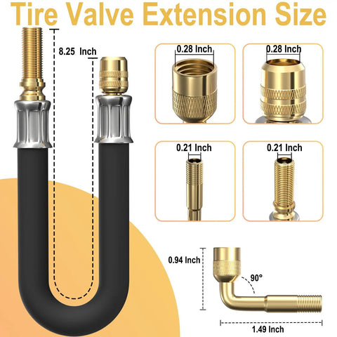 Flexible Tire Valve Extender Kit 8.25 Inch 90 Degree Schrader Adapter Universal Valve Stem Extension For Cars RVs Trucks Motorcycles Bikes Scooters Easy Install with detailed measurements
