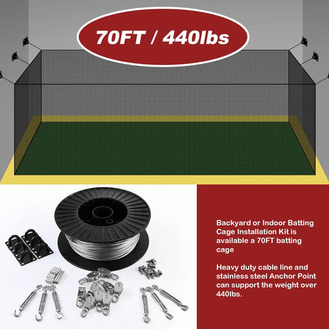 Indoor And Backyard Batting Cage Kit With Netting And Tension Wire Retractable Cable System For Easy Setup 70 Foot Size