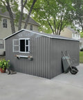 12x10 Ft Outdoor Metal Storage Shed With 3 Clear Windows, Flower Rack, Lockable Single Door, Heavy Duty Steel Construction, Grey