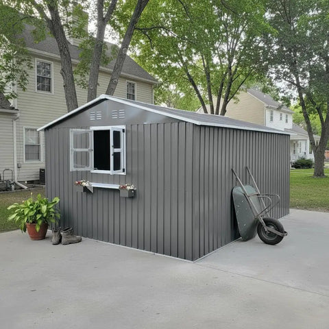 12x10 Ft Outdoor Metal Storage Shed With 3 Clear Windows, Flower Rack, Lockable Single Door, Heavy Duty Steel Construction, Grey