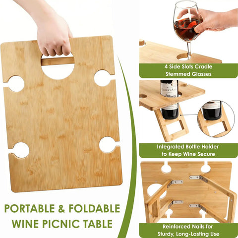 Portable Wine Picnic Table With Five Glass Holders Foldable Snack Tray showcasing bamboo design and foldable functionality