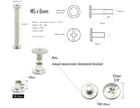 Heavy Duty Nickel Plated Chicago Screws 100 Sets M5 X 6mm showcasing flat head and threaded barrel for binding projects.