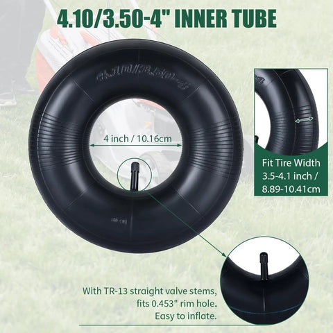 Two Pack Heavy Duty 4.10/3.50-4 Inner Tubes With TR-13 Valve For 4 Inch Rims, shown with size and fit details.