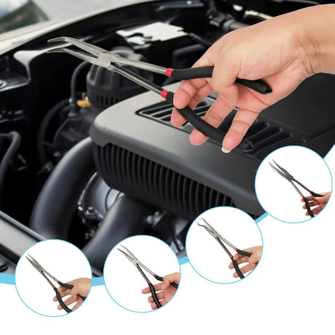 Five Piece 11 Inch Precision Long Nose Pliers Set With Insulated Comfort Grips For DIY Projects in use on car engine