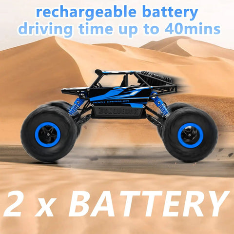 One Eighteen Scale Rock Crawler Remote Control Car With Four Wheel Drive And Two Point Four GHz Off Road Monster Truck Dual Battery Setup Blue Finish speeding through desert terrain