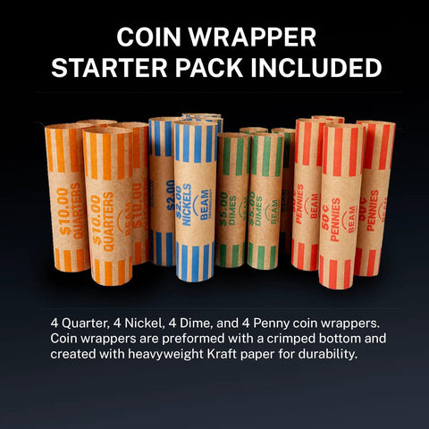 Coin wrapper starter pack showing rolled wrappers for quarters, nickels, dimes, and pennies with Kraft paper material.