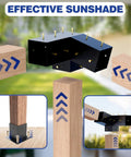 Heavy Duty 3 Way Slanted Pergola Brackets Set for Outdoor Wood Structures Powder Coated 4 By 4 Inch Actual 3.5 By 3.5 Inch Hardware, includes brackets and screws, shown with wood posts in outdoor setting.