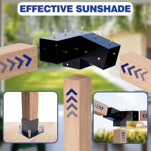 Heavy Duty 3 Way Slanted Pergola Brackets Set for Outdoor Wood Structures Powder Coated 4 By 4 Inch Actual 3.5 By 3.5 Inch Hardware, includes brackets and screws, shown with wood posts in outdoor setting.
