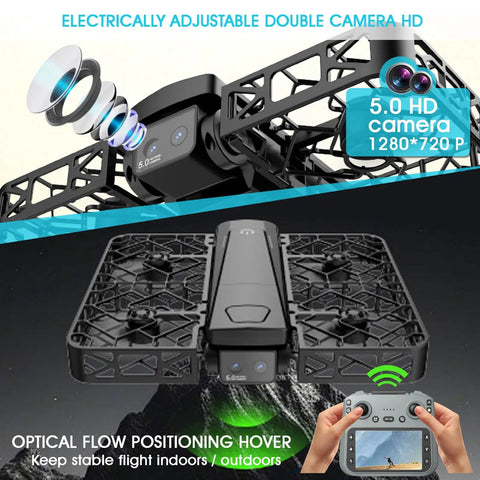 Ultra Foldable Drone With Optical Flow Positioning And 720P HD Camera shown with dual camera system and remote control