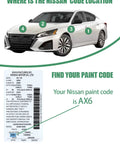 Nissan car with labeled paint code locations for touch-up paint matching focus keyword needs