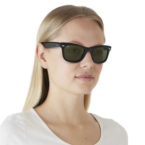 Woman wearing Unisex Wayfarer Style Sunglasses With Low Bridge Fit, Iconic Square Frames, UV Protection, G-15 Green, 52mm.