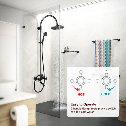 Oil Rubbed Bronze Exposed Shower System With Brass Dual Knobs 8 Inch Rainfall Round Head Handheld Sprayer All In One