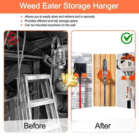 Two Pack Heavy Duty Garage Trimmer Rack Wall Mount Organizer showcasing storage for grass trimmers and weed eaters.