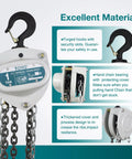 TOYO 1-ton manual chain hoist front view with steel housing, hook and hanging chains