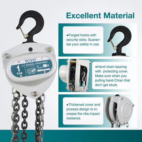 TOYO 1-ton manual chain hoist front view with steel housing, hook and hanging chains