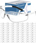 Heavy Duty Safety Glasses Bulk Pack Of One Hundred With Ansi Z87 Certification And Scratch Resistant Polycarbonate Lenses, clear lenses and box, designed for eye protection.