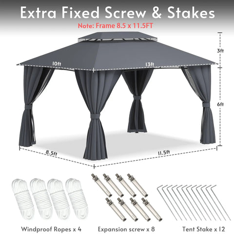 10x13 Outdoor Gazebo With Mosquito Netting And Privacy Screens, Double Roof Design, Power Coated Metal Frame