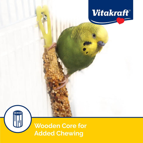 Parakeet enjoying Crunch Sticks Variety Pack Parakeet Treats For Your Feathered Buddy With Orange Apricot Flavor Egg Honey Flavor Sesame Banana Flavor 2.4 Oz Triple Baked For Long Lasting Enrichment hung in cage.