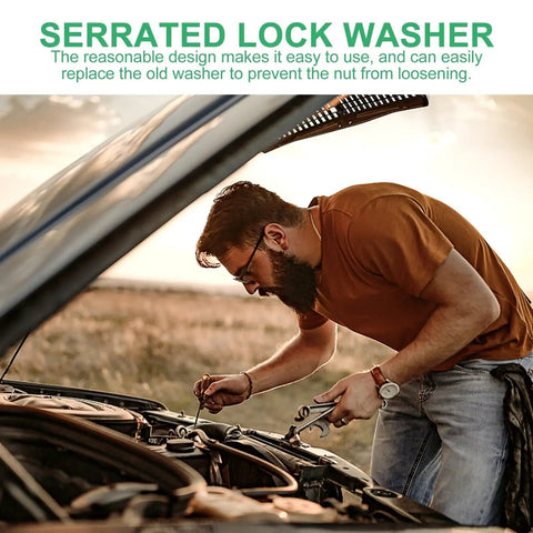 Person using Stainless Steel External Tooth Serrated Lock Washers 280 Pack Quick Lock Design on car in field