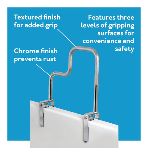 Tri-Grip Bathtub Handle Grab Bar With Chrome Finish for Seniors, detachable safety frame with anti slip grips on tub edge