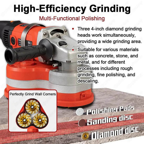 Three Head 2800W Concrete Grinding And Polishing Machine With 8 Inch Coverage Six Speeds Electric Diamond Grinder for Pro Grade Pros Handling Concrete Stone Marble And Metal.