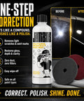 Picture Perfect Polish One Step Correction For All Paint Finishes Removes Swirls Scratches And Oxidation In One Easy Step Safe On Clear Coat Single Stage And Ceramic Coatings Delivers Showroom Shine Slick Gloss Ready For Protection. 16 oz bottle with polishing pads and before-after finish.