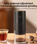 Portable Electric Coffee Grinder With Ceramic Burrs And Digital Scale, Usb Rechargeable Cordless Design For Espresso Drip French Press, No Fuss Brewing And Smooth Sips At Home Or On The Road, close-up of grinder and ground coffee.
