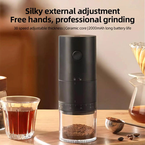 Portable Electric Coffee Grinder With Ceramic Burrs And Digital Scale, Usb Rechargeable Cordless Design For Espresso Drip French Press, No Fuss Brewing And Smooth Sips At Home Or On The Road, close-up of grinder and ground coffee.
