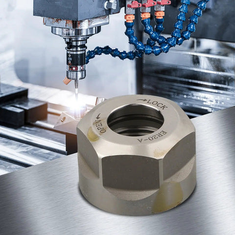 Fabaletta ER Collet Clamping Nut High 20CrMoTi Steel For CNC Milling Engraving Tool Holders BT NT MTA R8 Systems shown on milling machine.