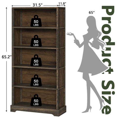 5 Tier Solid Wood Book Shelf Floor Standing Bookcase In Walnut Finish With Arched Base Farmhouse Style 65 Inches Tall 31.5 Inches Wide 11.8 Inches Deep Room Ready For Living Room Or Study And Office