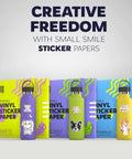 Premium printable vinyl sticker paper packs in neon yellow, purple and blue boxes for 8.5 x 11 sheets (white glossy).